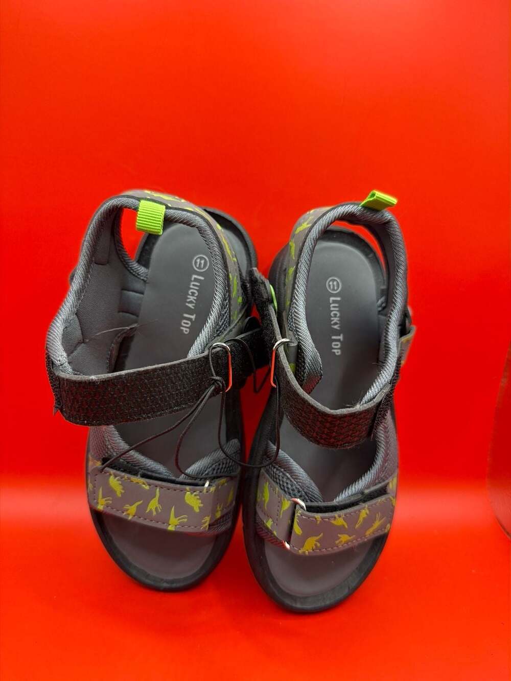 Lucky Top Boys Grey and Green Dinosaur Print Sandals Size 11